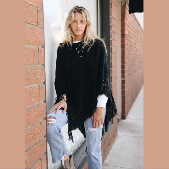 SALE! Black lace-up hooded fringe poncho - Picture 1 of 3
